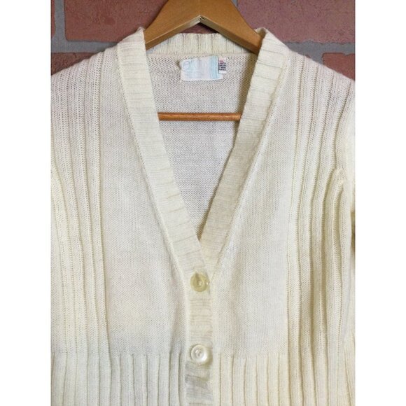 Vintage Womens Sweater Acrylic Ribbed Button Front Knit Cardigan Beige Small - Picture 2 of 7
